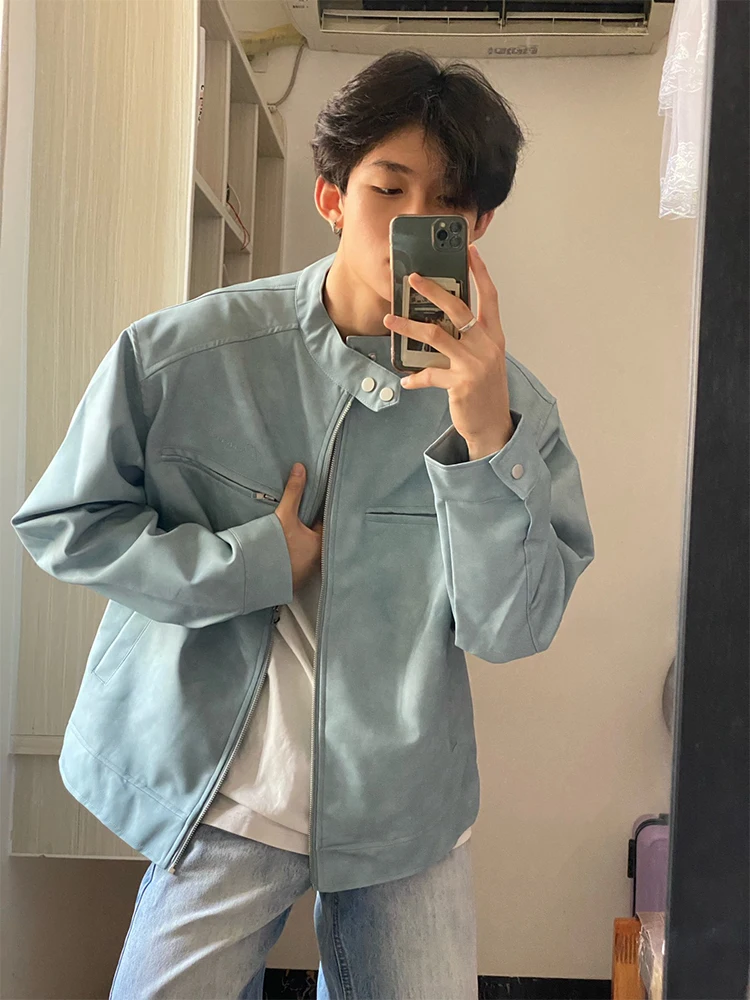 

Мужская кожаная куртка Ice Blue American Retro: модный бренд, высококачественная кожа, стиль Cleanfit, мотоциклетная одежда, осенний тренд