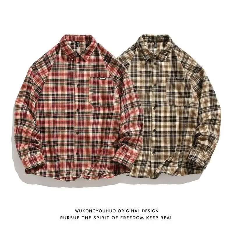 Fashion 2024 Spring Color Contrast Plaid Shirts Long Sleeve Shirt Men Women Trendy Loose Comfort Single Row Multi-Buckle Shirt