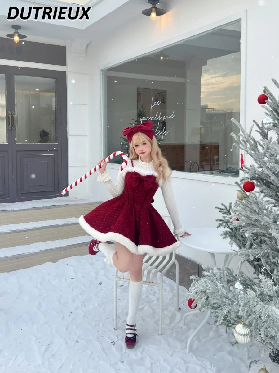 Pure Desire Christmas New Year Sweet Suit Lolita Red Bow Cloak Jacket and Knitted Base Shirt Suspender Short Dress Outfits