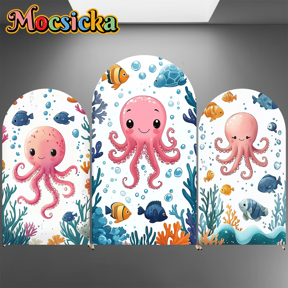 

Mocsicka Arch Backdrop Double-Sided Baby Shower Arched Covers Background Pink Octopus Underwater Coral Fish Decors Studio Props