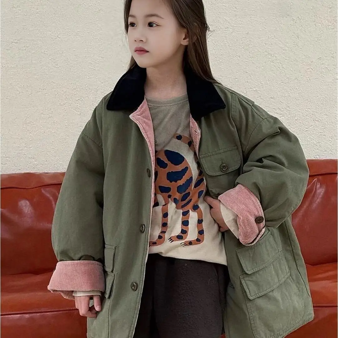 Girls' Retro Lapel Medium and Long Trench Coat 2026 Autumn and Winter New Loose Tooling Coat Coat