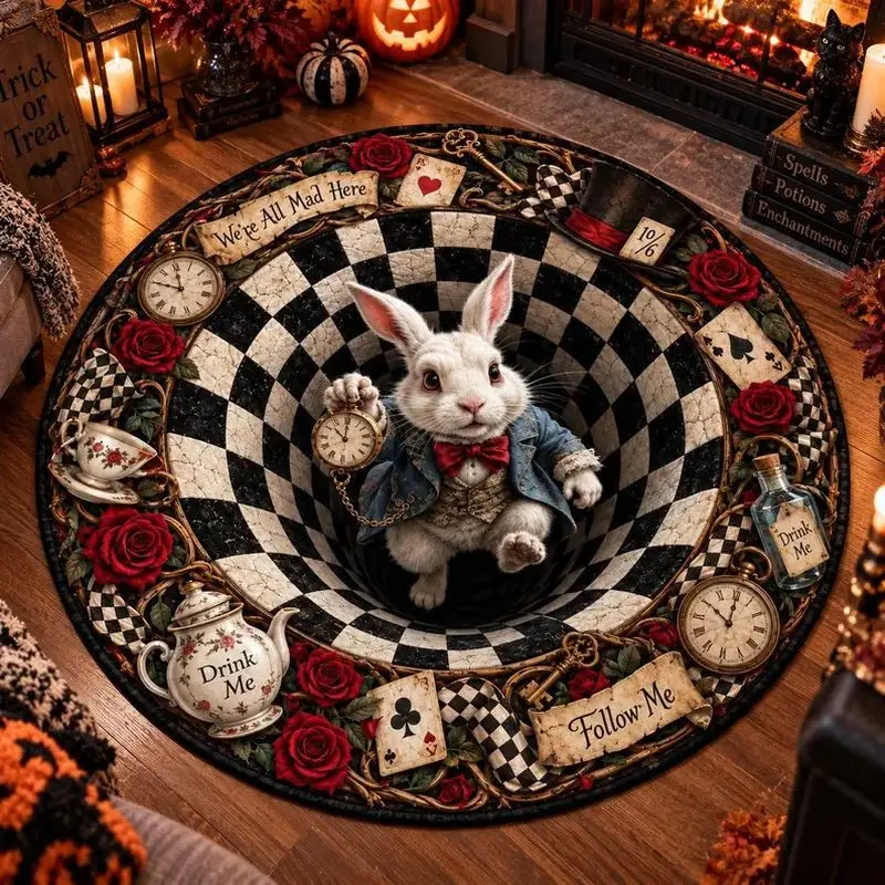 VIKAMA Round Rug White Bunny Rabbit Checkered Vortex Circular Carpet For Kids Room Non Slip Living Room Tea Party Home Decor