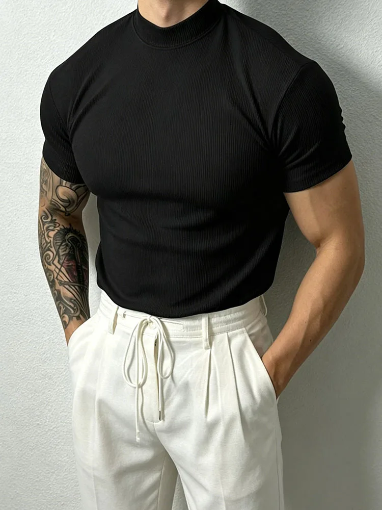 2026 New fashion Men's T-shirt Small high collar stripe shirt short sleeve fitness top leisure sport T-shirt Men sportswear