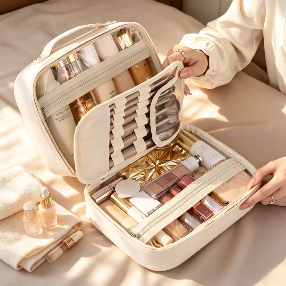 PU Makeup Bag Large Capacity Cosmetic Bag Portable Travel Organizer with Handle Multi Compartment Women Beauty Storage Case