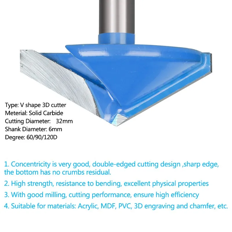 Xcan fresa de fresa em forma de v 90 graus, 1 peça, 32mm, peças de fresa de madeira cnc, haste 6mm para aparar madeira, broca de gravura