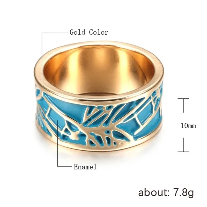 Huitan Boho Style Blue Enamel Finger-ring for Woman Creative Plant Tree Pattern Design Fancy Girl Gift Party Female Jewelry New