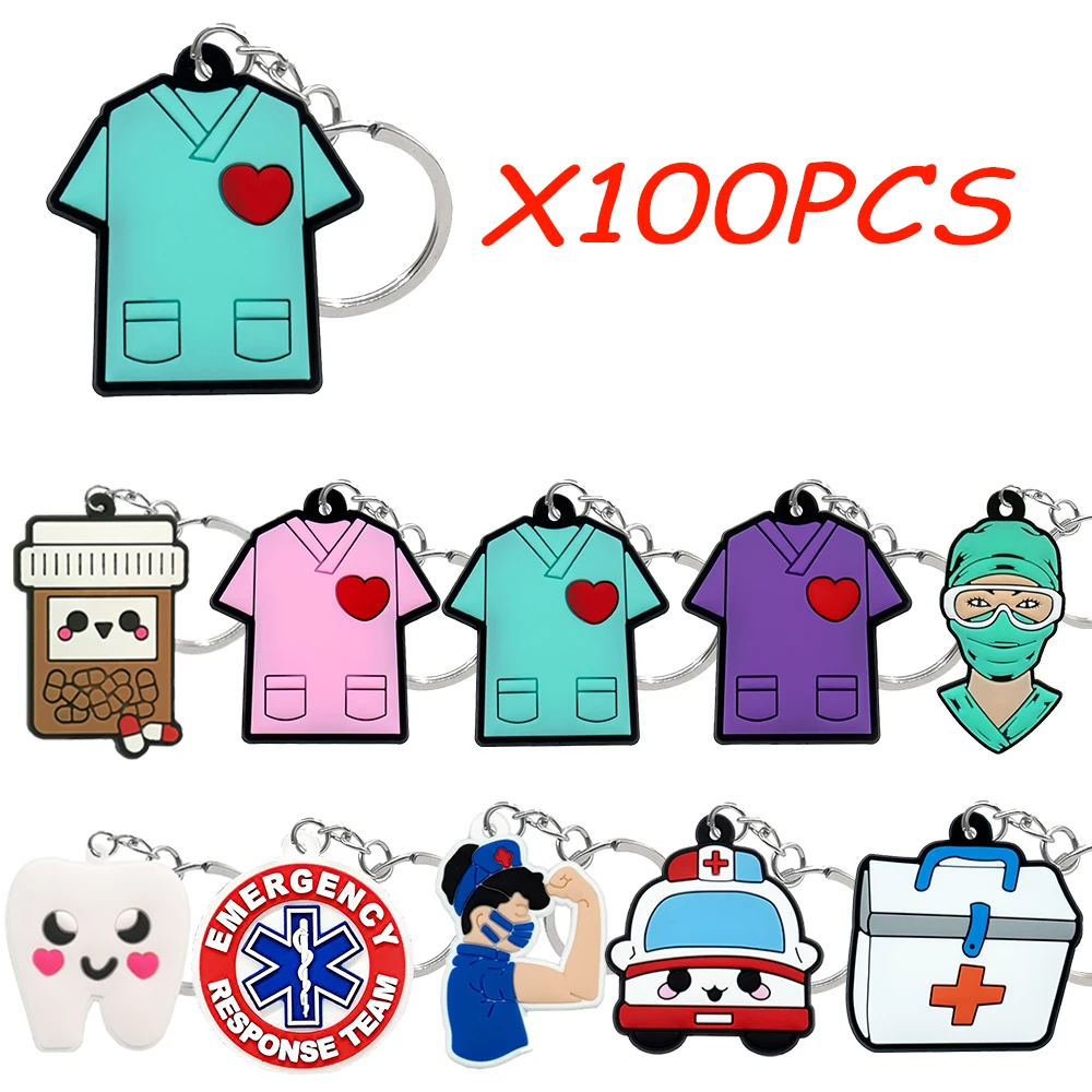 100PCS Medical Keychains Set Nurse Uniform Pill Tooth Health Ambulance Car Key Accessories Keyring Medical Series Keyholder Gift