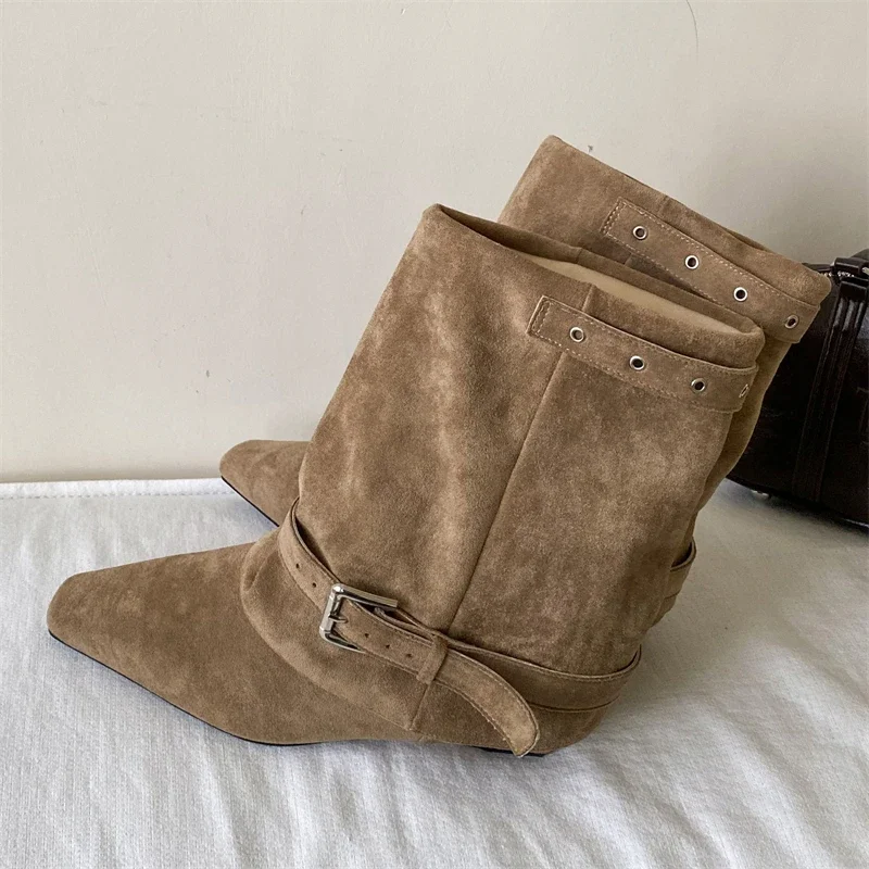 

Aneikeh Fashion Low Heels Ankle Boots Design Winter Punk Vintage Pointed Toe Splicing Strap Buckle Women Buckle Strap Shoes