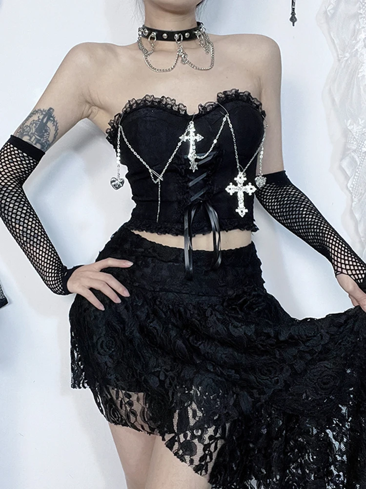 AltGoth Gothic Dark Punk Vest donna Streetwear Harajuku Grunge Lace Patchwork Cross Chian Lace-up cropet Crop canotte femminili