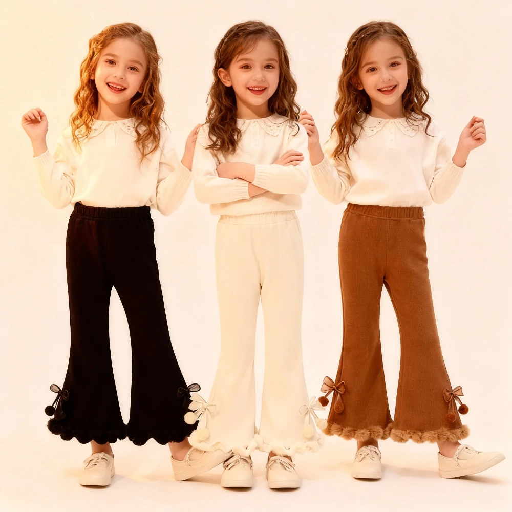 2025AW Girls Casual Fleece Pants Ribbed Fashion New Kids Cute Fake Fur Bow Korean Pant Children Clothes Trousers