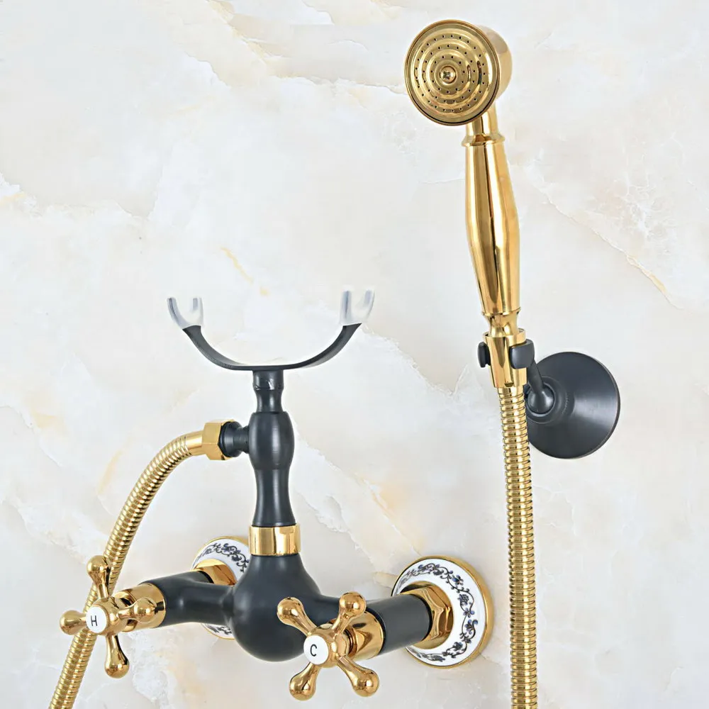 

Black Oil Rubbed & Gold Brass Wall Mounted Bathroom Hand Shower Faucet Set with 1500MM Hose Handheld Spray Head Mixer Tap Dna537