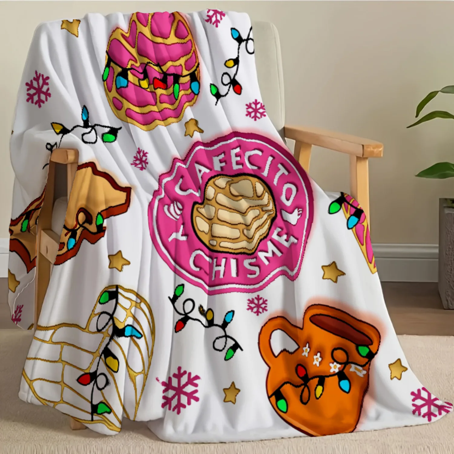 1pc 2D Digital Print Flannel Blanket with Conch Shell and Coffee Christmas Lights Pattern - Soft and Warm 250g All-Season Bedspr