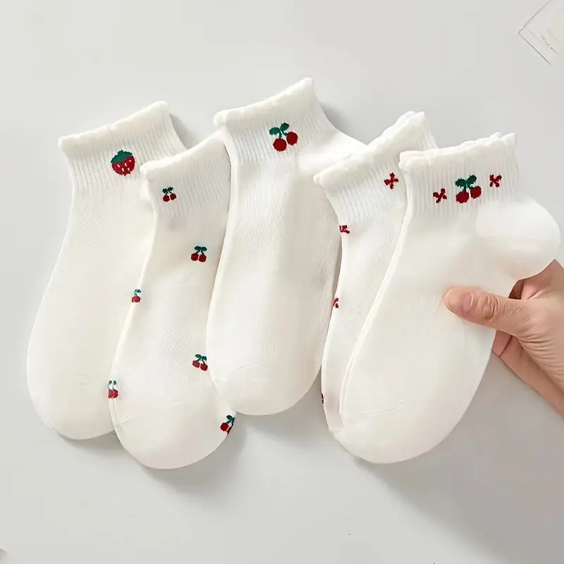 Strawberry Cherry Short Socks 5-Pair Set, Strawberry Cherry Sports Socks, Breathable, Sweet and Fresh, Suitable for Daily Use image 2