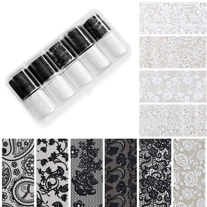 10 rouleaux de feuilles pour ongles en dentelle Sexy, 2.5x50cm, papier de transfert noir et blanc, autocollants pour Nail Art, rayures en dentelle, décalcomanies de manucure, décorations pour ongles