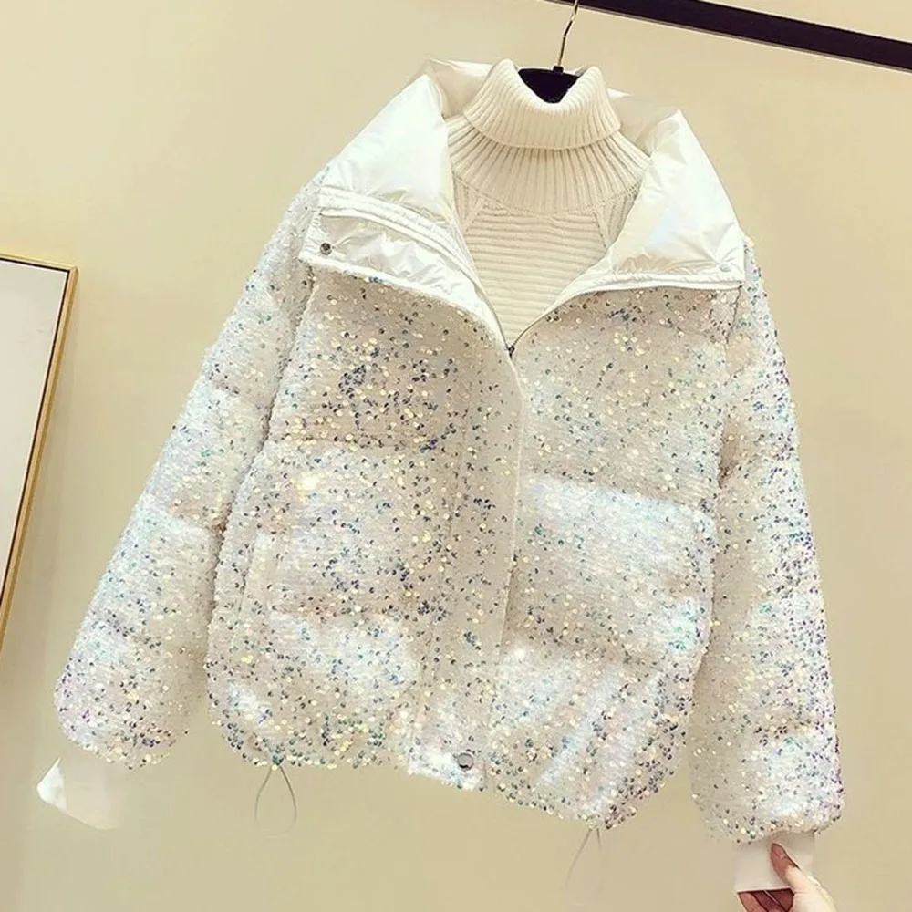 Warm Colorful Starry Sky Sequins In Winter Online Celebrity Eiderdown Cotton-padded Jacket Loose Heavy Industry Embroidery Coat