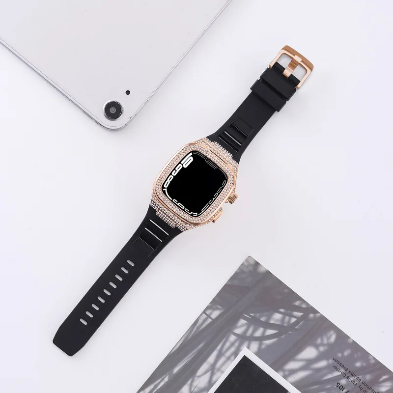 Women Diamond Modification Kit For Apple Watch Band 45MM 44MM Rhinestone Metal Case+Rubber Strap iWatch Series 9 8 7 6Bracelet