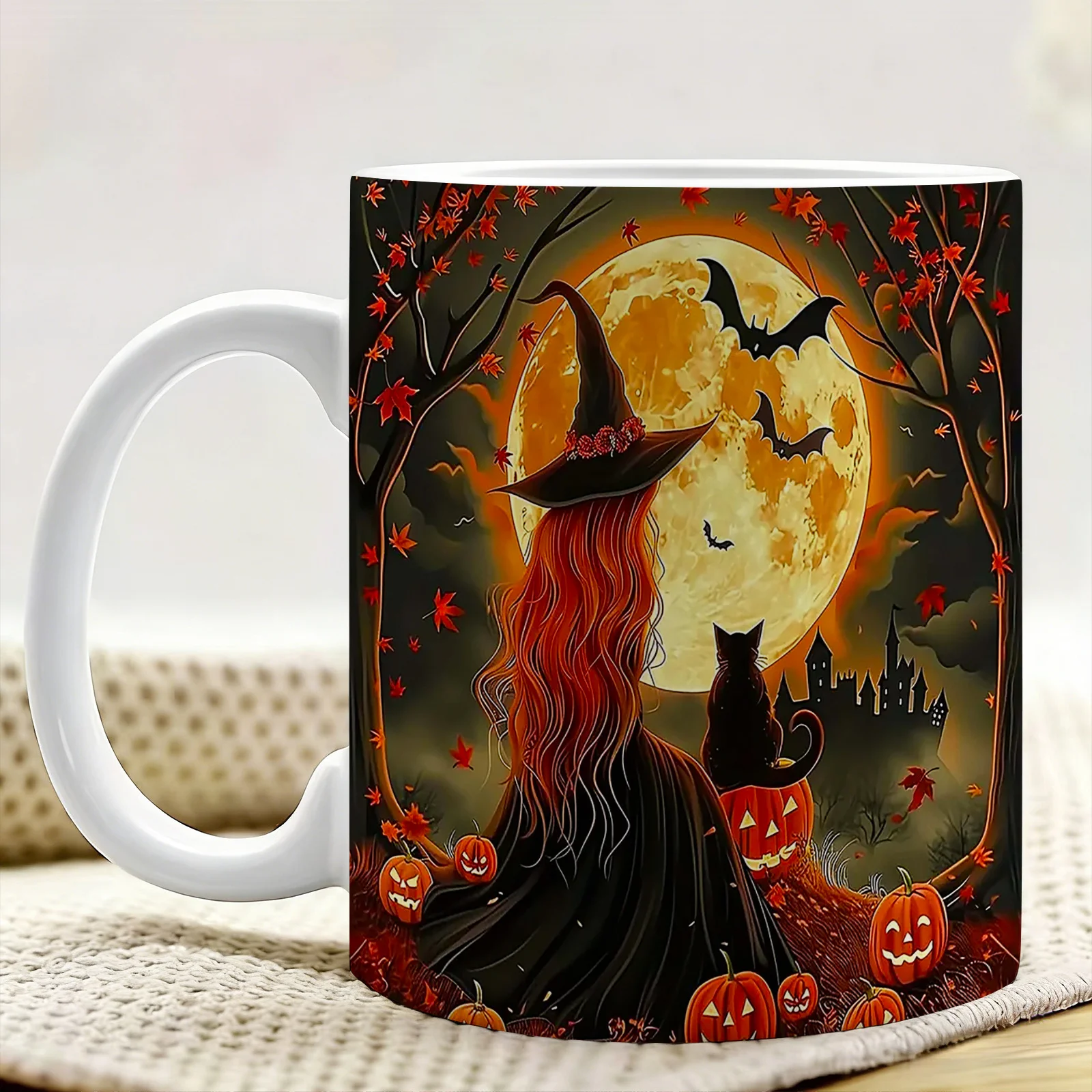1pc Halloween Witch Moon Bat Ceramic Coffee Mug with Double-Sided Pattern Design, Reusable, Easy to Hand Wash, 11Oz Stylish Cup for Home Decor Or Office, Ideal Gift for Friends