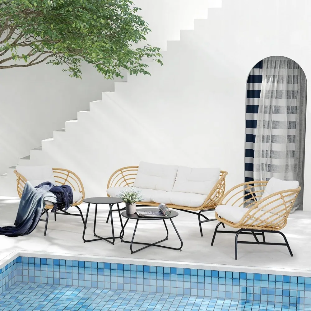 

5-Piece Boho Outdoor Furniture Set, Wicker Sofa Set with Beige Thick Cushions and 2 Coffee Tables, Conversation Set for Backyar