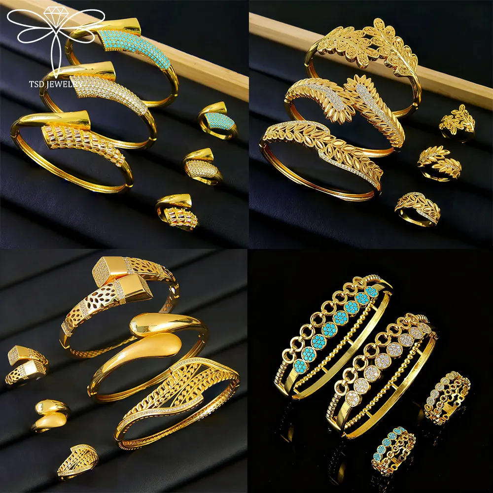 

Arabic Fashion Geometric Open Bracelet Ring Set 21k Gold Plated Dubai Zirconia Irregular Bangles Italian Women Party Jewelry