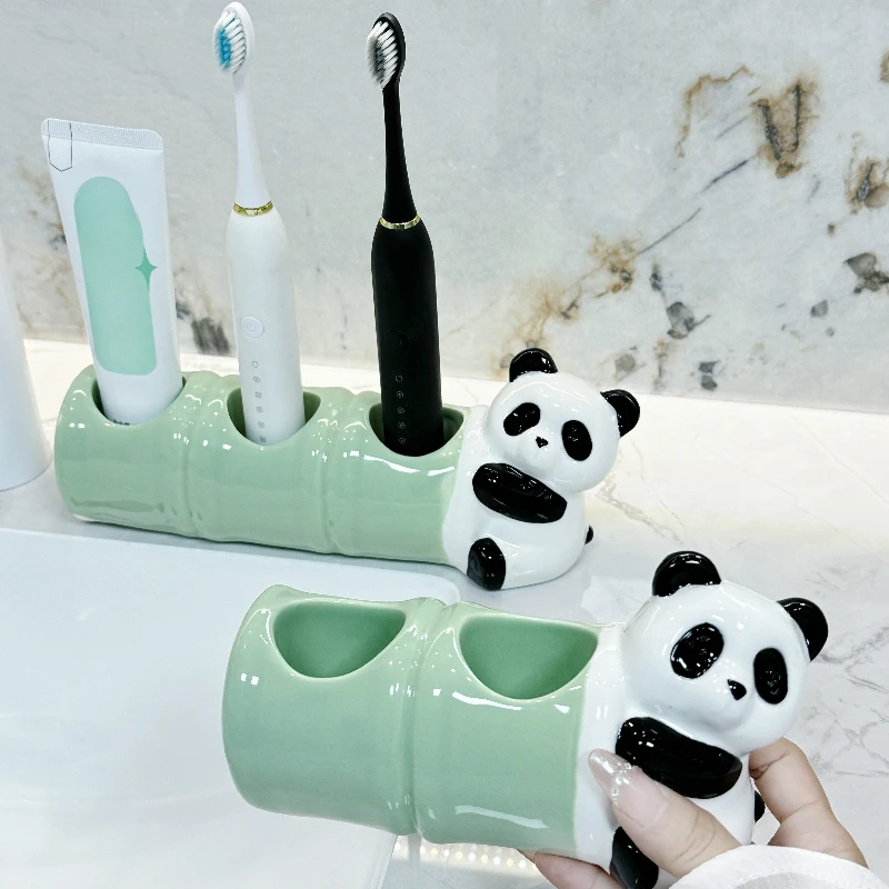 1pc, Ceramic Panda Toothbrush Holder, Washstand Toothbrush Storage Rack, Bathroom Toothbrush Base, Home Bathroom Accessories