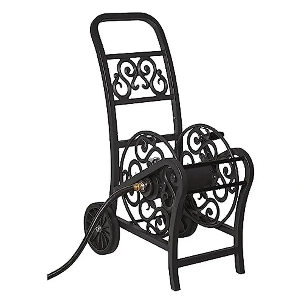 200ft Metal Decorative Garden Hose Reel Cart Stylish Scroll Design Flat-Free Wheels Leak-Free Connections Durable Alloy Steel