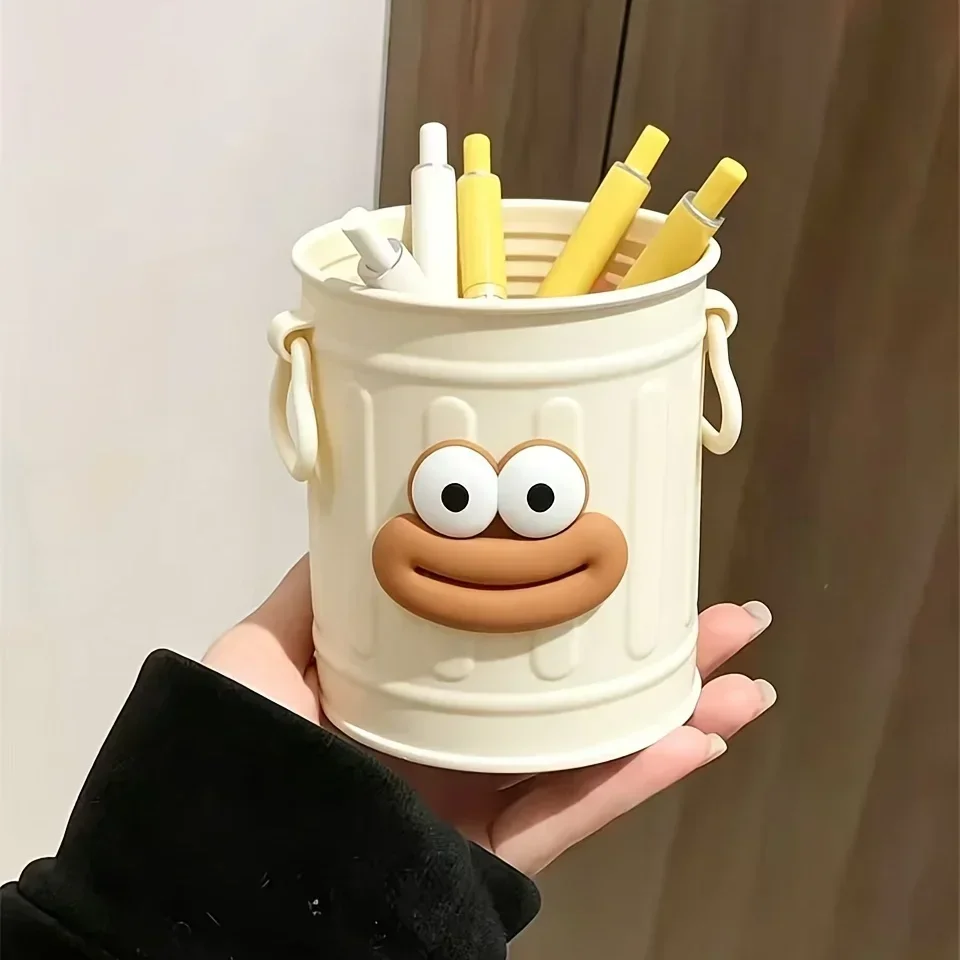 Cute Cartoon Face Makeup Brush Holder Cream White Pen Cup Multi-Purpose Vanity Organizer for Lipsticks Eyeliners Desk Storage