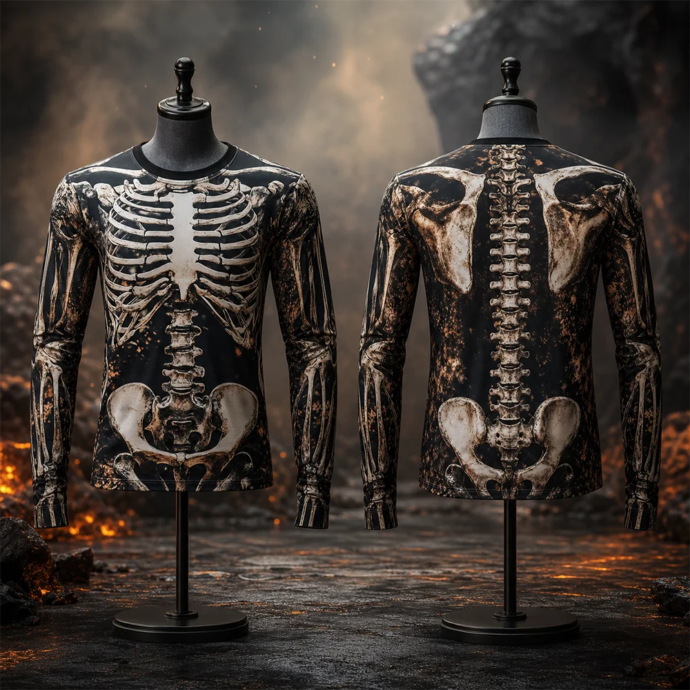 Men's Halloween Skeleton Print Long Sleeve T-Shirt Gothic Trendy Streetwear Casual Breathable Top for Halloween Party Clothing