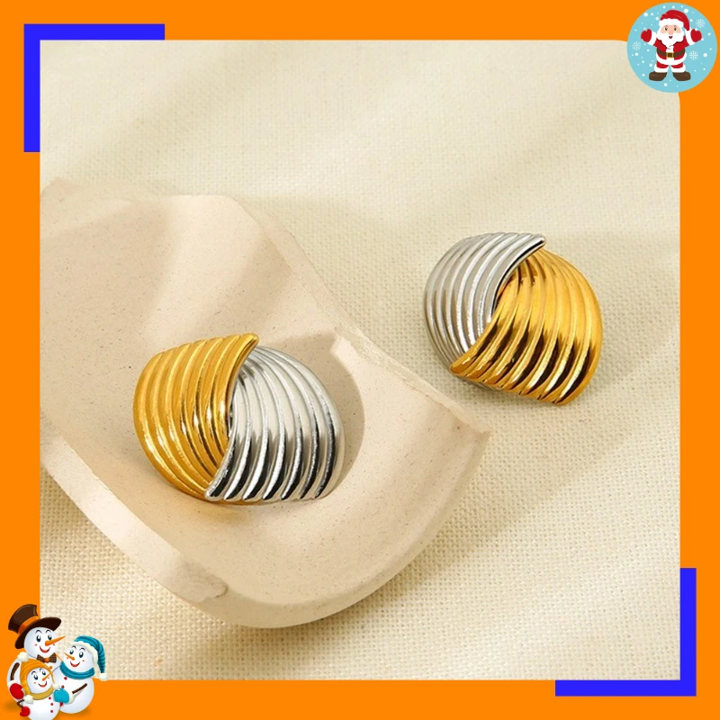 Stainless Steel Geometric Two-color Splicing Striped Stud Earrings Women's Gold-plated Waterproof Earrings Niche High-end Sense