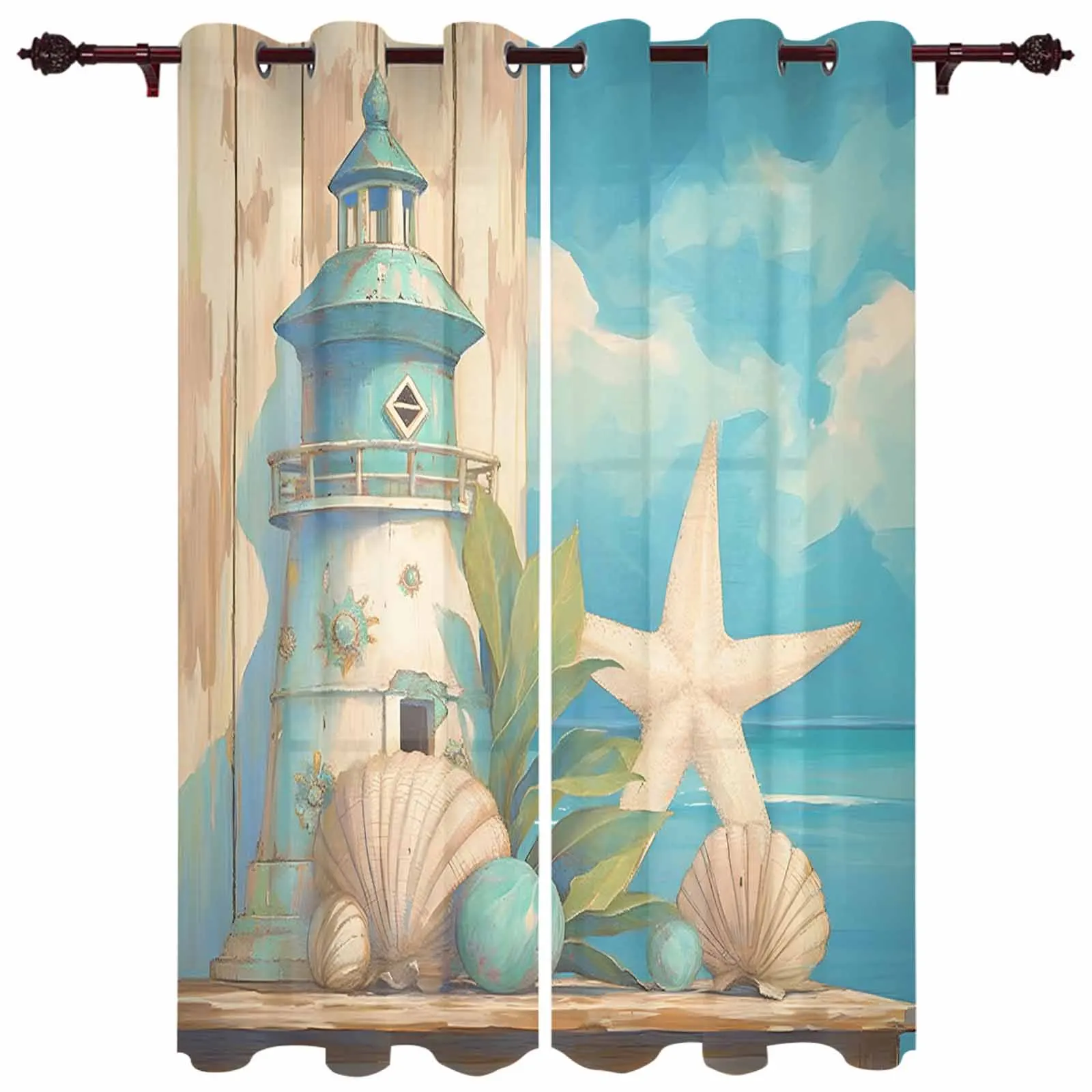 

Ocean Beach Lighthouse Starfish Shell Plants Sky Window Curtains for Living Room Bedroom Curtain Home Decor Balcony Drapes