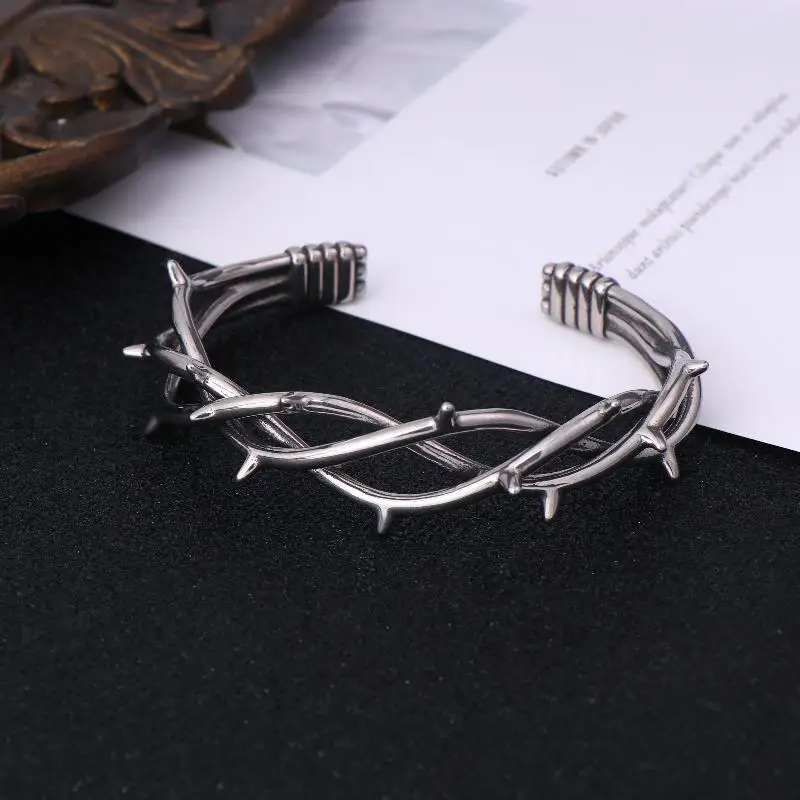 Gothic Thorn Cuff Bracelet For Unisex Punk Barbed Wire Bangle Stainless Steel Twisted Jewelry Gift