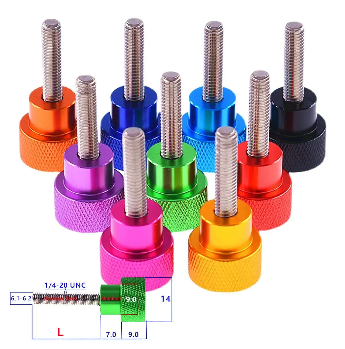 1Pcs UNC 1/4-20 Thread Aluminum High Step Thumb Screws 14x9mm Knurled Head Hand Tighten Screw Stainless Steel Thread 6-100mm