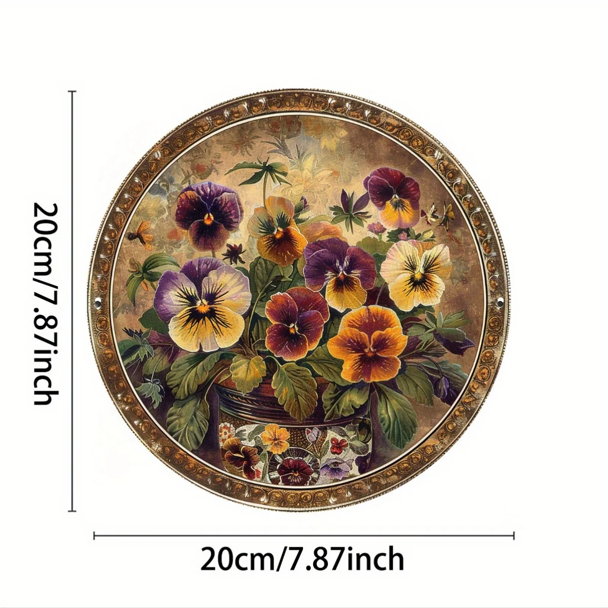 Vintage Pansy Metal Wall Art - 20.32x20.32 cm Aluminum Sign with Golden Frame, Elegant Three-Tone Pansy Design, Perfect for Home