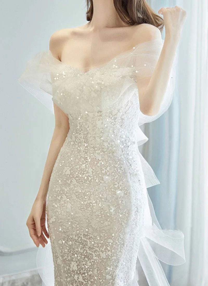 Vestidos de novia de cola de pez de lujo 2025, nuevo estilo, vestido de novia de hadas con lentejuelas de un solo hombro, vestido de noche