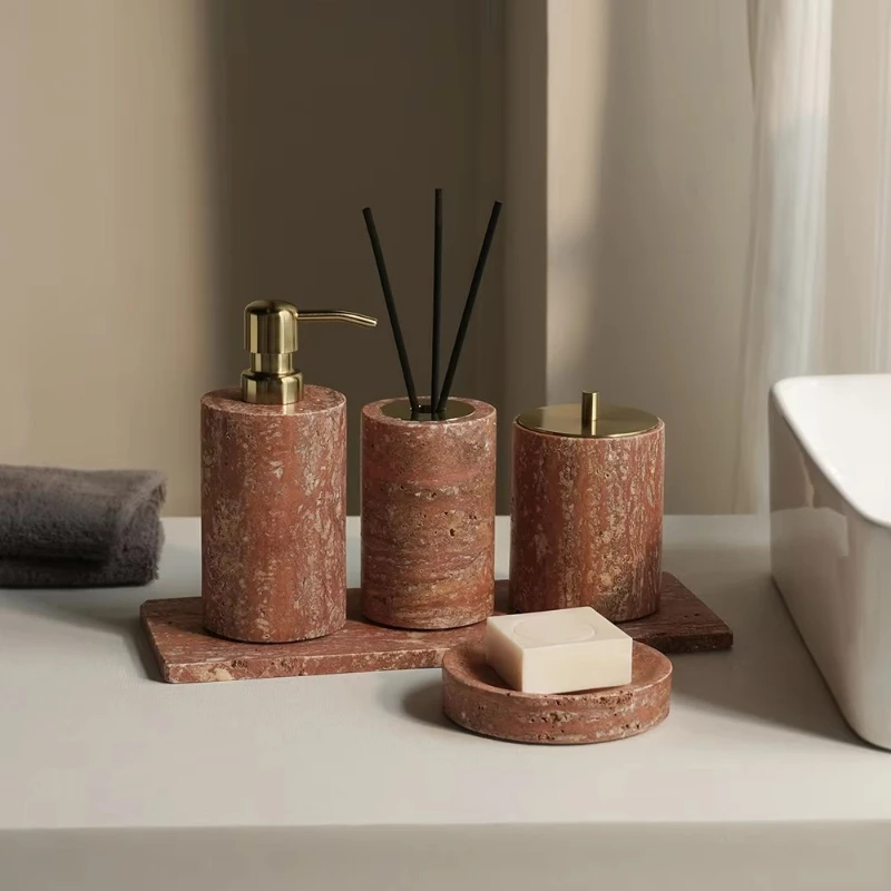 Red Limestone Bathroom Set, Retro Soap Holder, Soap Dispenser, Tissue Box, Dressing Table, Storage Tray, Bathroom Accessories