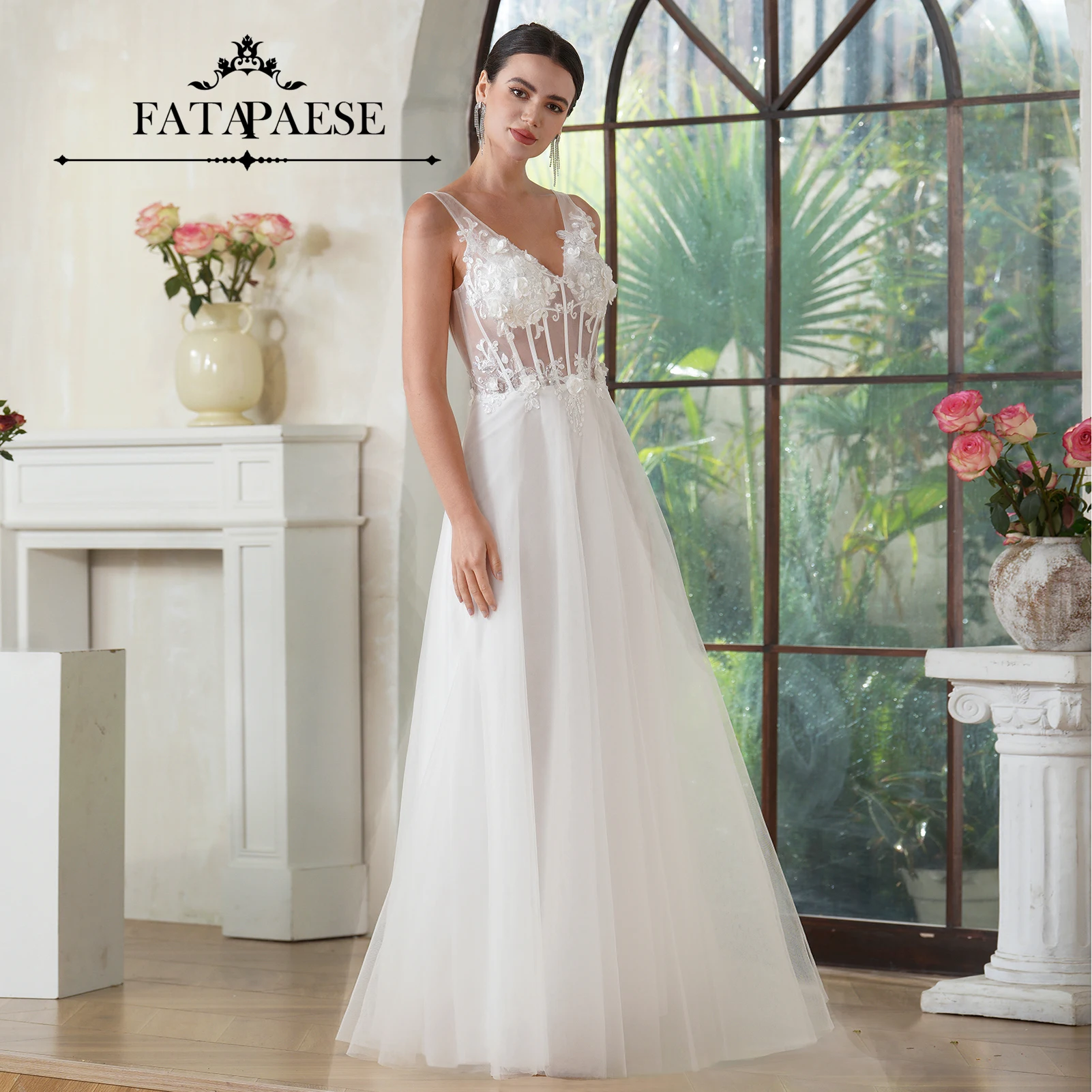 FATAPAESE Boho Wedding Dress FishBoes Floral Appqulies Bodice with Paddings Tulle A-line Flowy Skirt Bride Clothes Wedding Ball