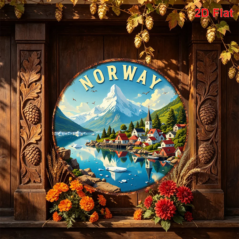 2D Flat 1pc Norwegian Fjord Landscape Pattern Metal Skin Sign Round Decorative Painting, Size (7.87In X 7.87In / 20Cm X 20Cm), S