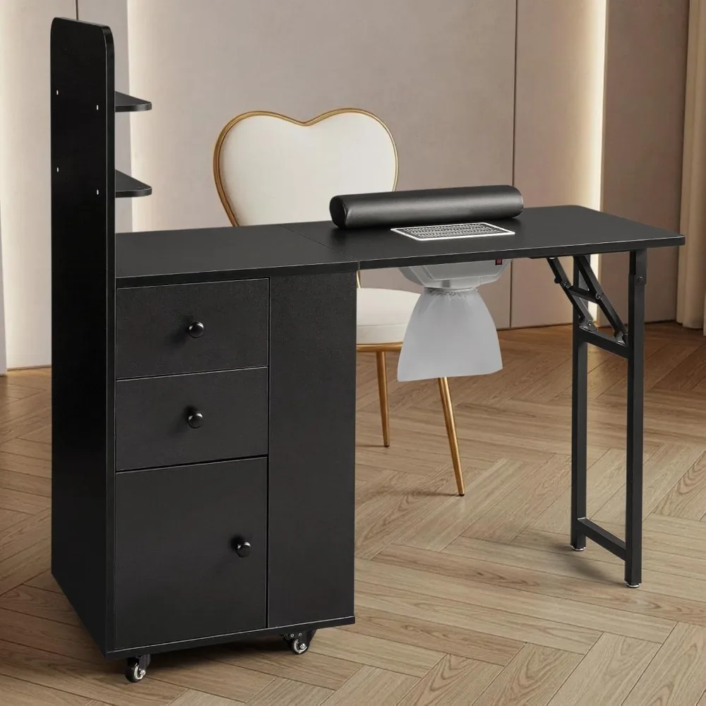 

Foldable Nail Tech Manicure Table with 2 Open Shelves Makeup Beauty Salon Storage Desk Station Electric Dust,Customized