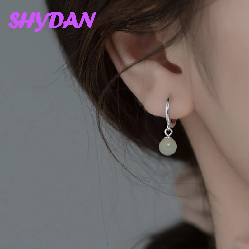 SHYDAN 925 Sterling Silber Geometrische Runde Jade Tropfenohrringe für Damen Modeschmuck
