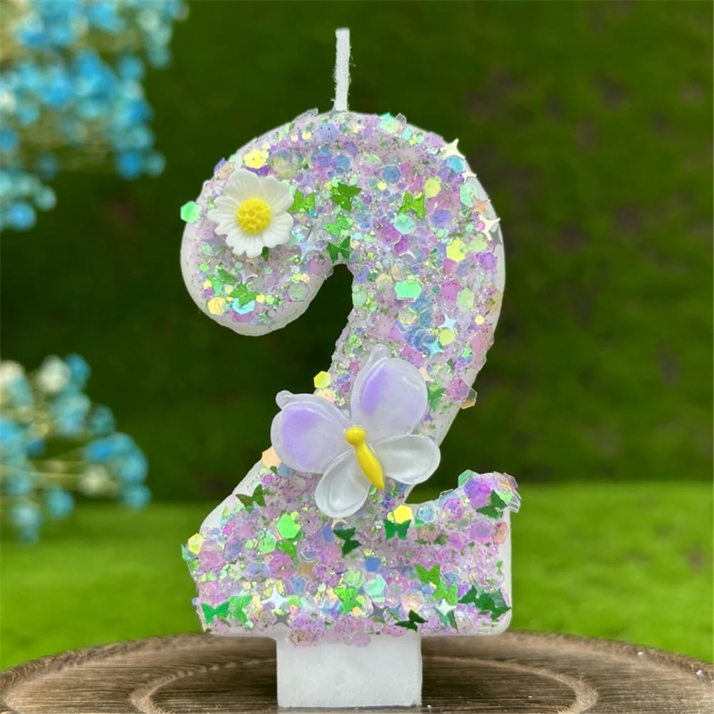 Happy Birthday Cake Decorations Number Candles Colorful Flower Butterfly Candles Pale Purple Shiny 3D Digital Candles For Party