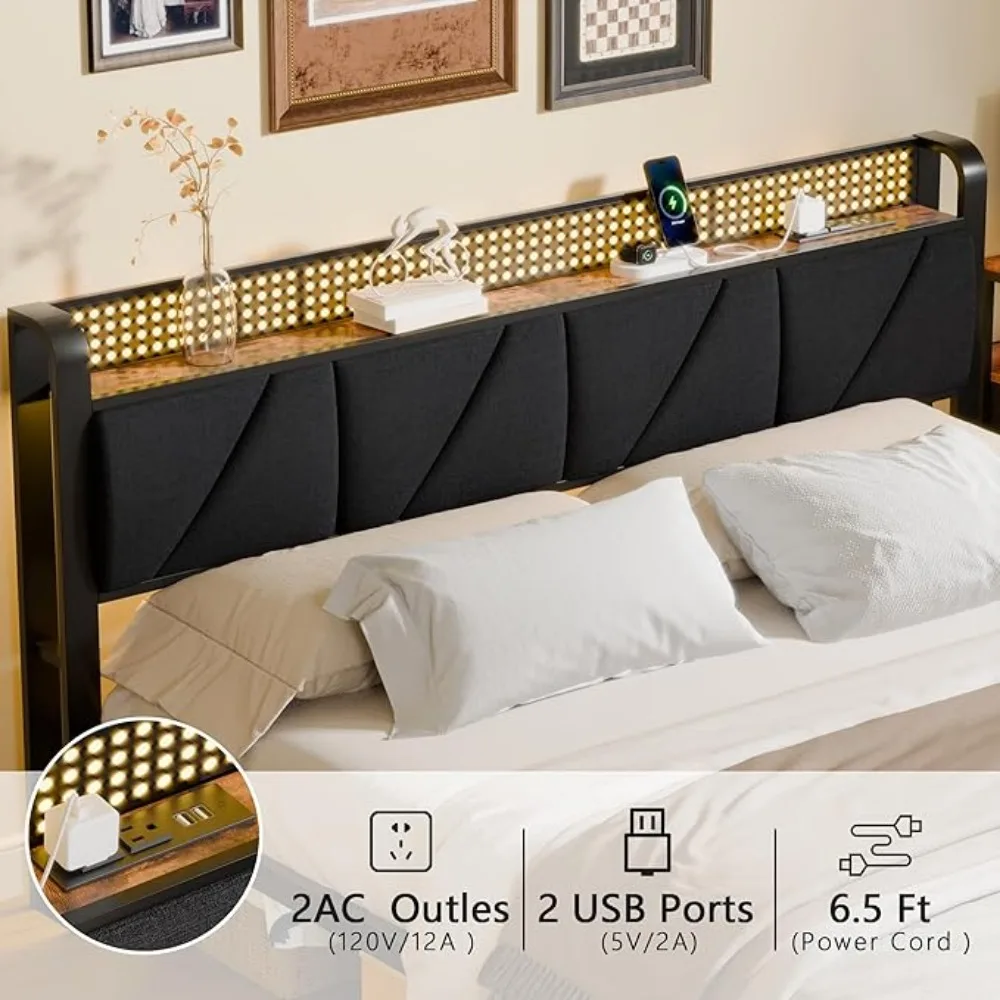 King Bed Frame with Headboard and LED Light, Upholstered Platform with Power Outlet and USB Port, King Size Bed image 4
