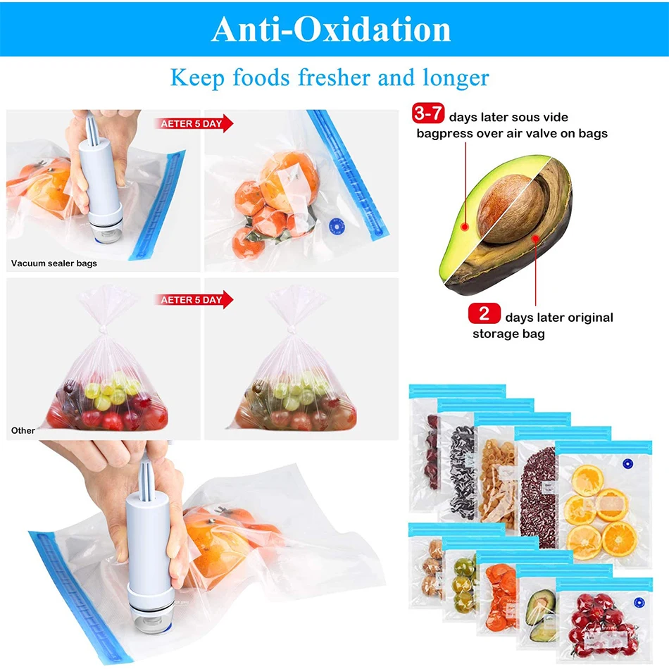 Reusable Food Vacuum Storage Bags For Vegetable Fruit Keep Fresh Bags,With Hand Pump And Free Sealing Clips Kitchen Organization