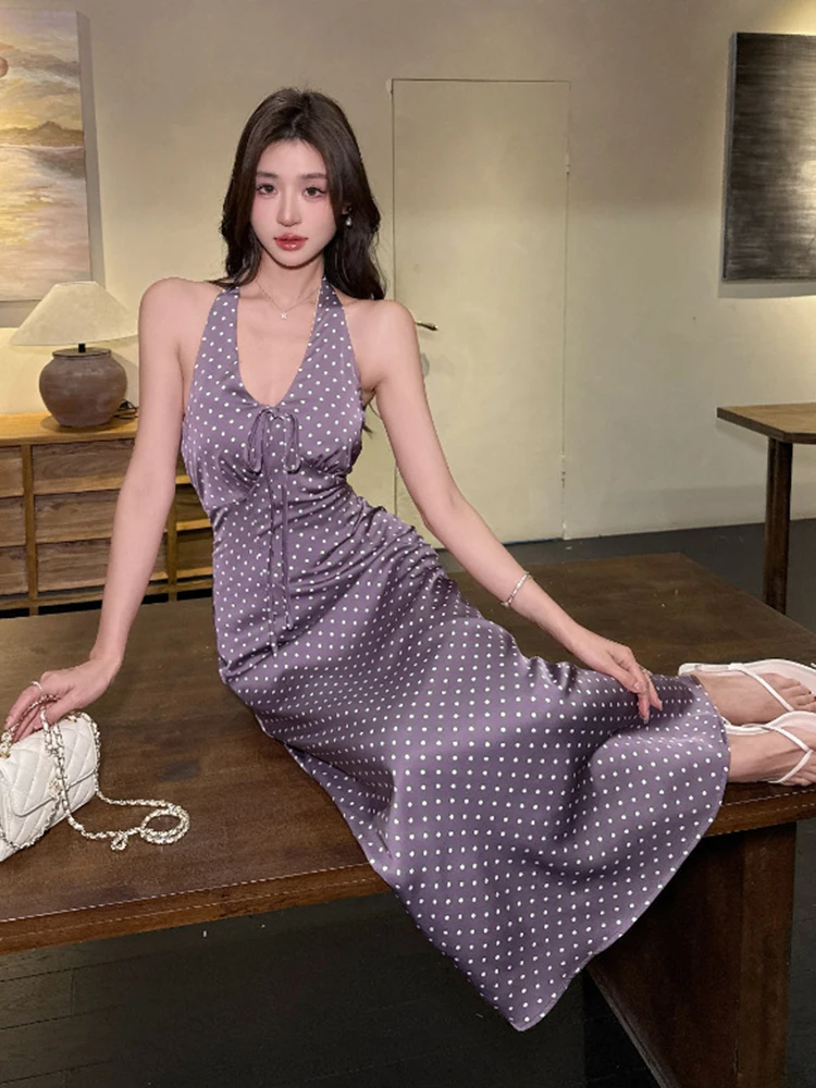 Robe longue de vacances française élégante pour femmes, Sexy, Vintage, violet, col licou, Maxi, Robe de vacances, dos nu, à bandes, robes de soirée