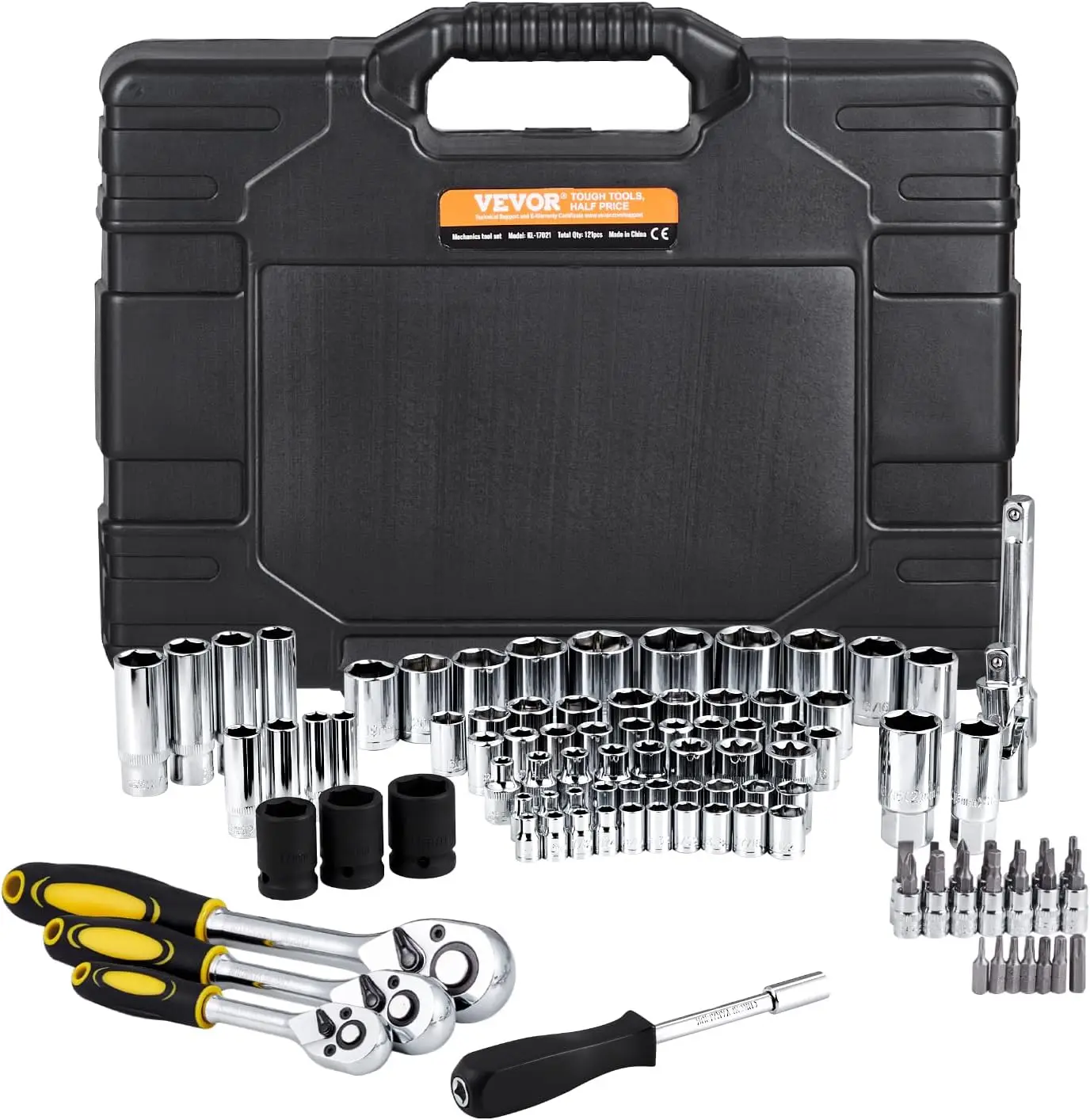 

121-Piece Mechanics Tool Set - 1/4" 3/8" 1/2" Drive Sockets - SAE and Metric Mechanic Tool Kit with Bits - Ratchet Handle
