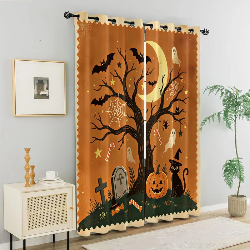 Fashion Halloween Print Curtain Pumpkin Ghost Black Cat Bat Tombstone Window Drapes Retro Bedroom Living Room Decor Holiday Gift