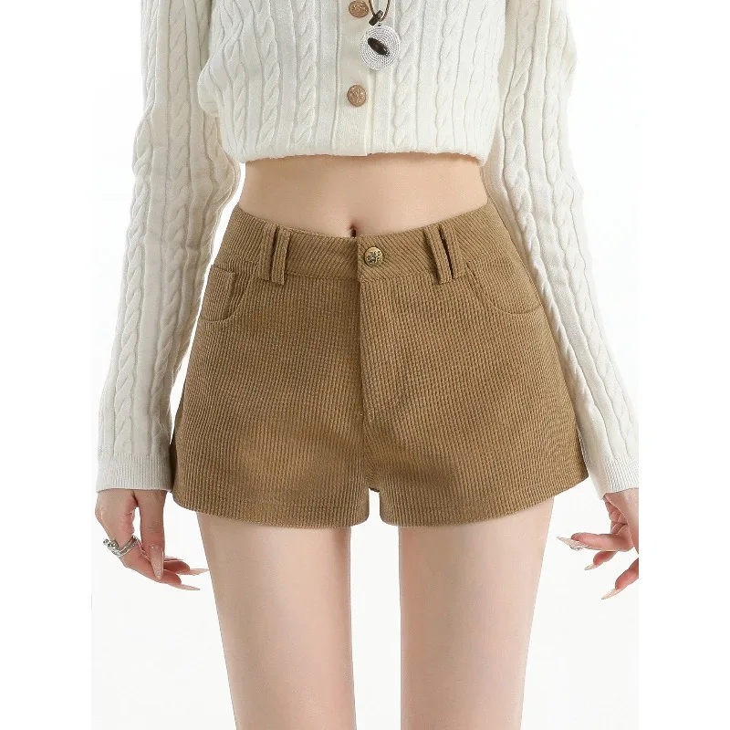 Women's 2026 Autumn Winter Khaki Corduroy A-Line Wide Leg Shorts High Waist Slim Boot Petite Chic Coquette Trendy
