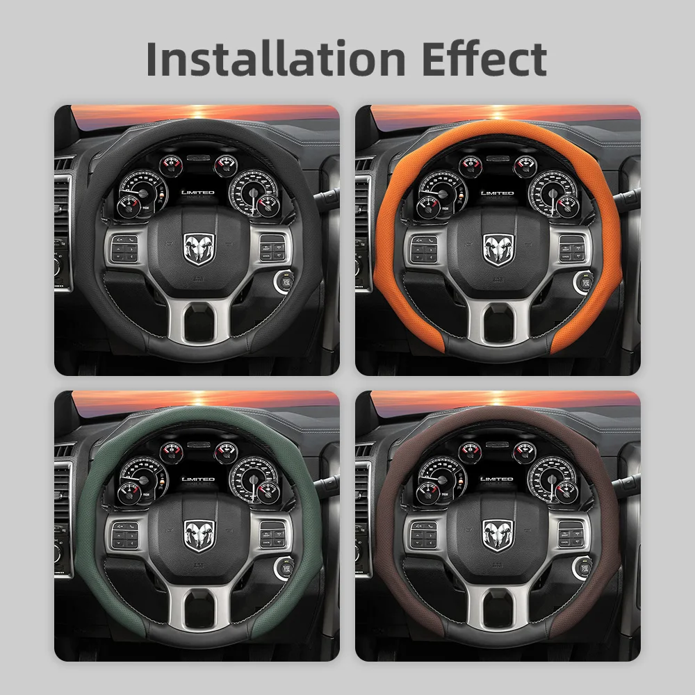 Suitable for Ram Perforated Leather Steering Wheel Cover, Non-Slip, Sweat-Absorbent, Breathable, Integrated Snap-On Protective Cover for Pickup Promaster Rampage 1500 2500 3500 4000 4500 5500 700 1000 and Other Models