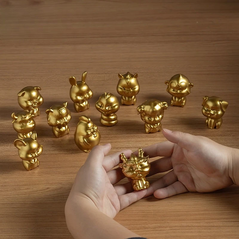 Gold Plated Cartoon Brass Zodiac Figurines Animal Decor with Rat Ox Tiger Rabbit for Living Room Fine Birthday Gift for Everyone