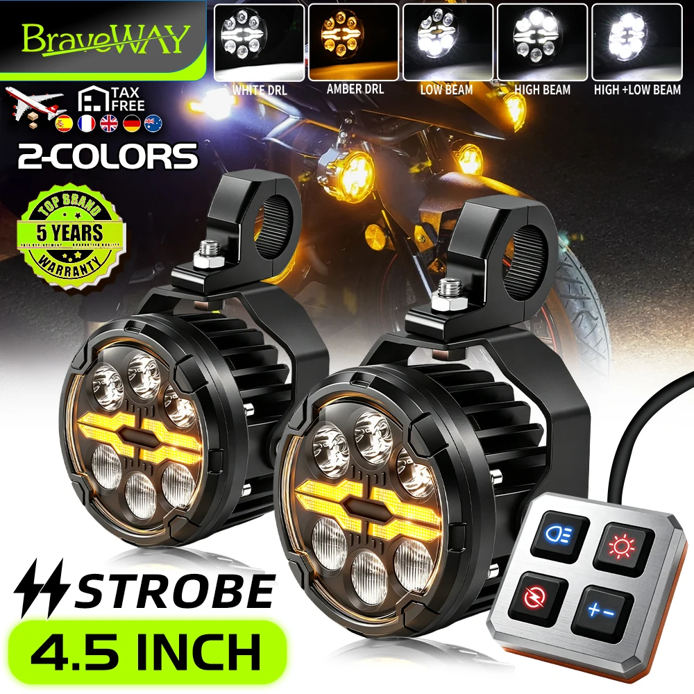 Faro da lavoro a LED impermeabile per moto Braveway, adatto all'uso fuoristrada, 12V 24V, 4,5 pollici, luce bianca e ambra DRL per Harley Honda Yamaha Suzuki Kawasaki 12V 24V