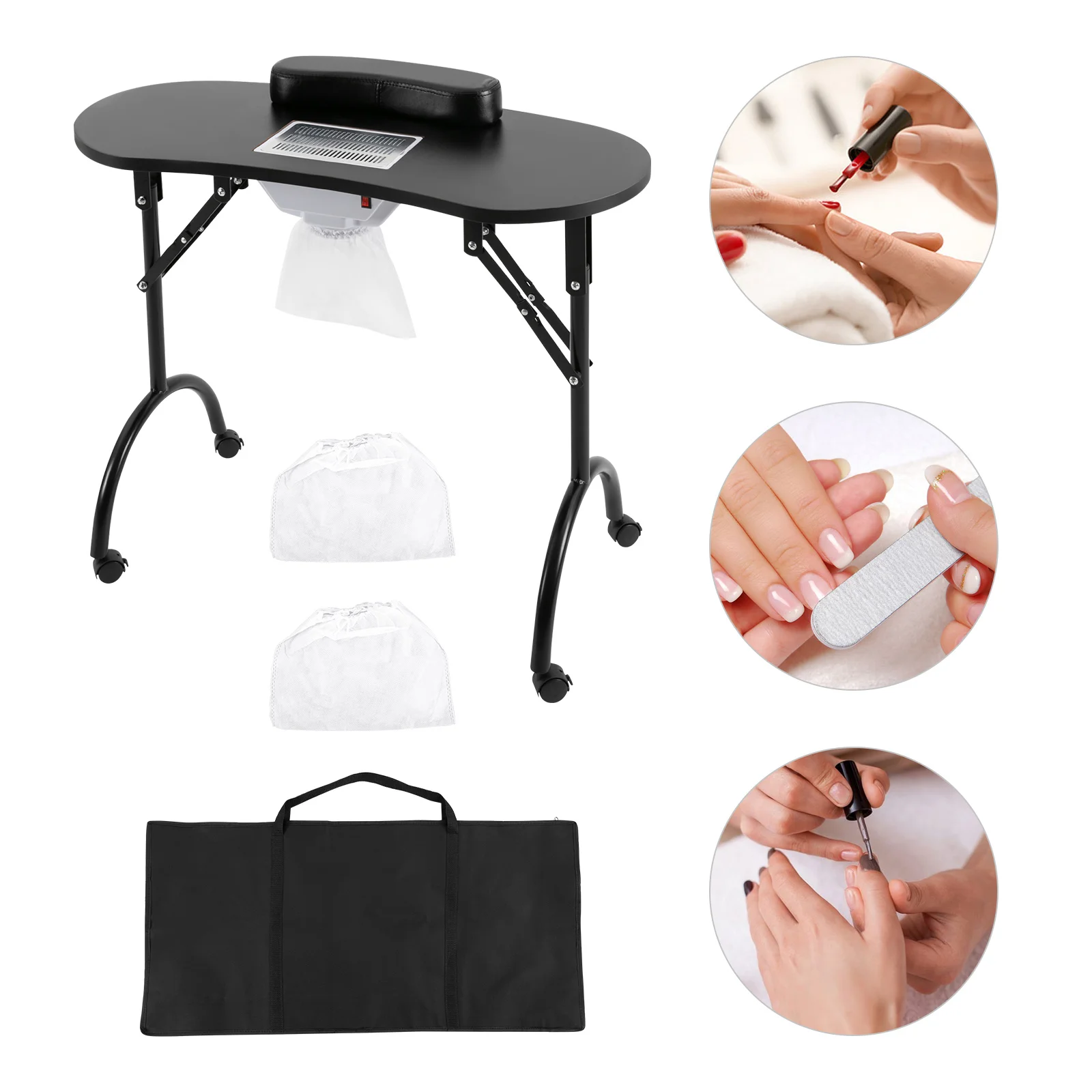 Portable & Foldable Manicure Table Nail Desk Workstation with Suction/Client Wrist Pad/Controllable Wheels for Spa Beauty Salon