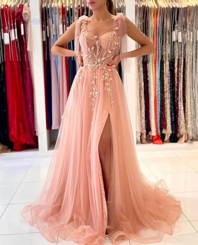 

Angelsbridep Elegant Sweetheart Blush Prom Dresses Long 3D Lace Applique Formal Evening Gown Graduation Party Dresses High Split